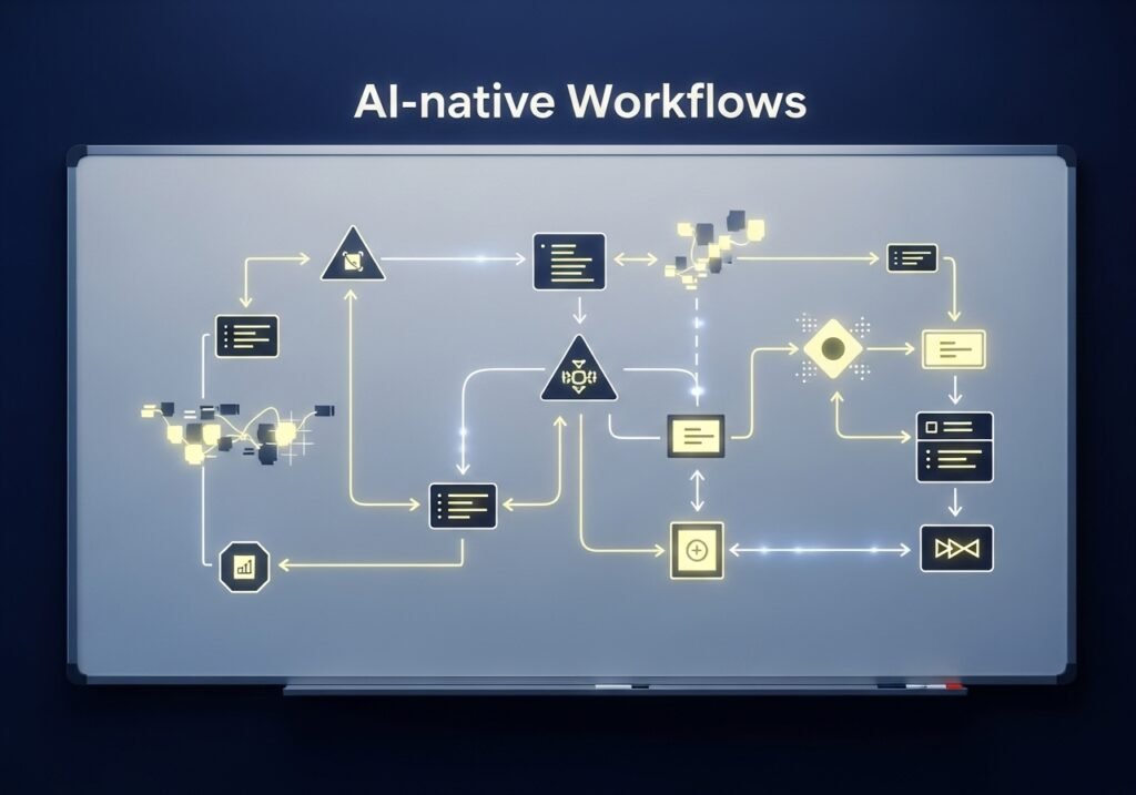 Digital whiteboard displaying the text ‘AI-native Workflows’ with glowing arrows, flowcharts, and data nodes in navy, gold, and pale yellow.