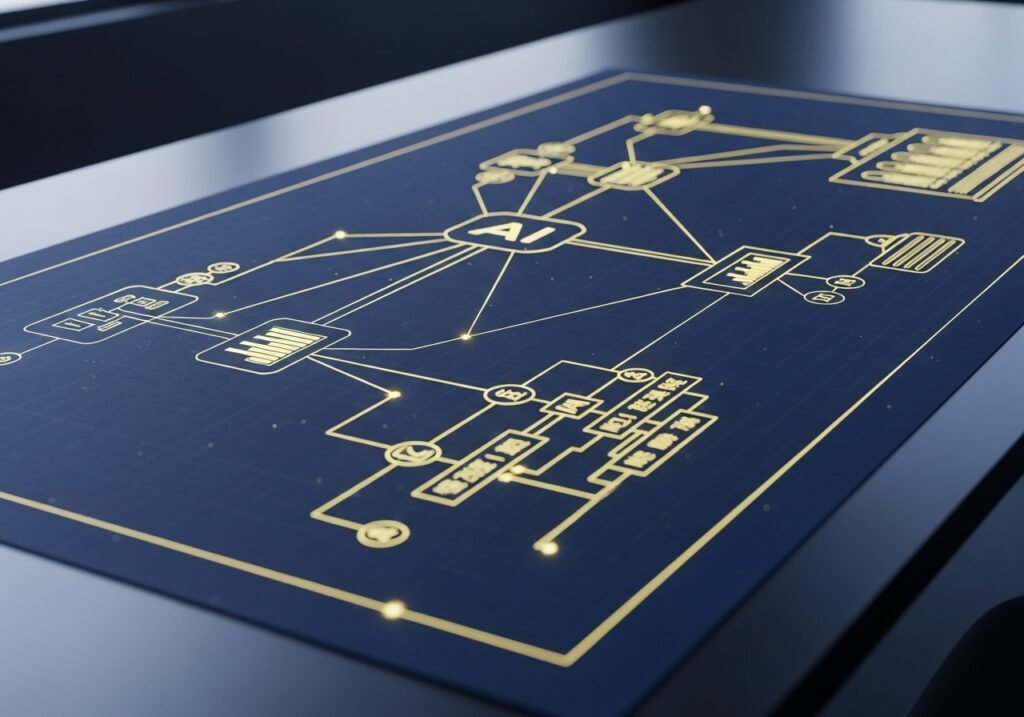 Futuristic digital blueprint on a dark screen with interconnected gold circuit-style lines centered on ‘AI,’ symbolizing strategy, data flow, and organizational planning.