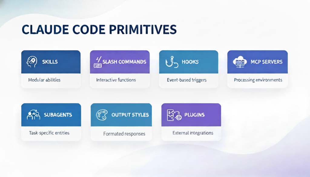 Overview of 7 Claude Code primitives including Skills, Slash Commands, Hooks, MCP Servers, Subagents, Output Styles, and Plugins
