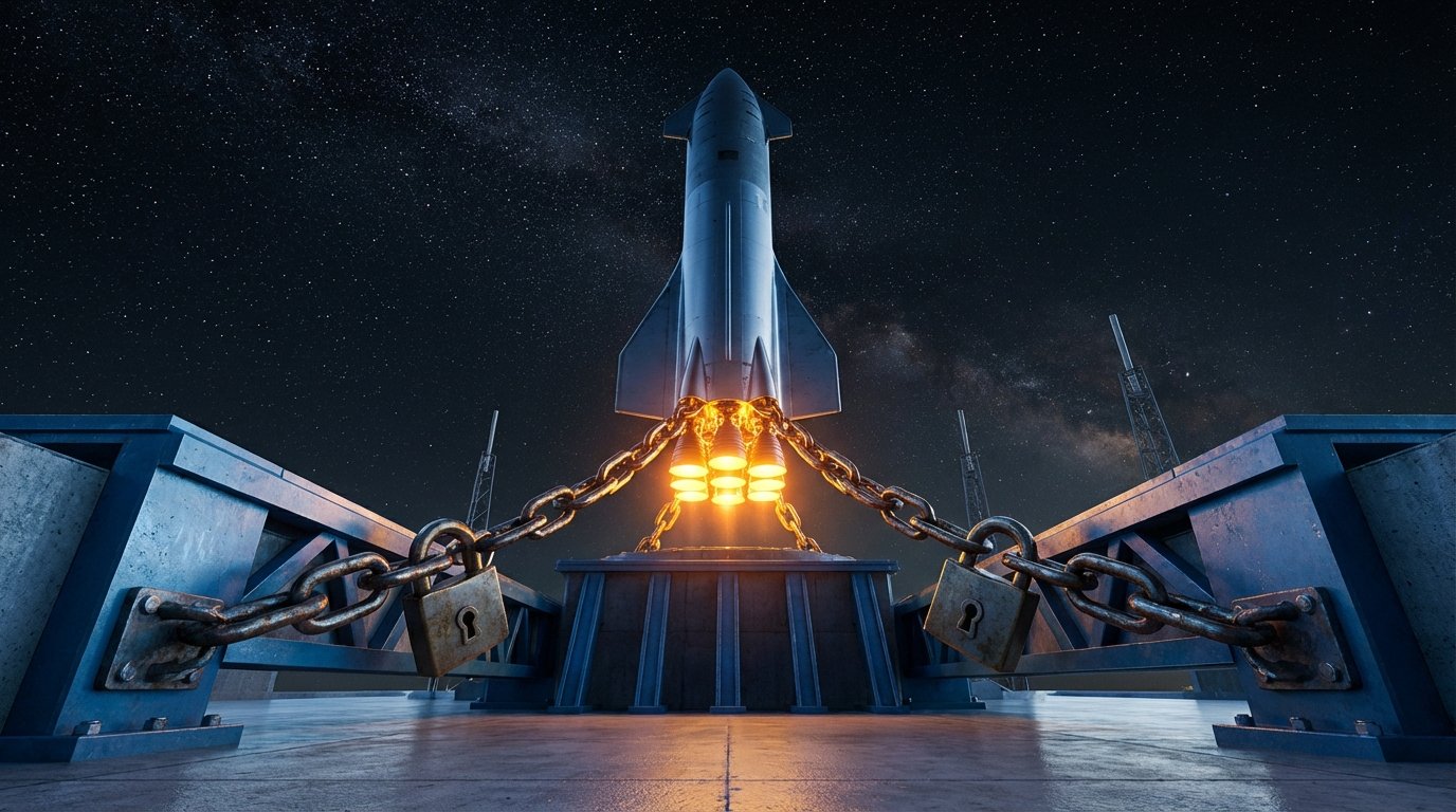 Futuristic rocket on a launchpad glowing with amber light, held down by heavy chains, representing AI potential restrained by organizational lack of commitment