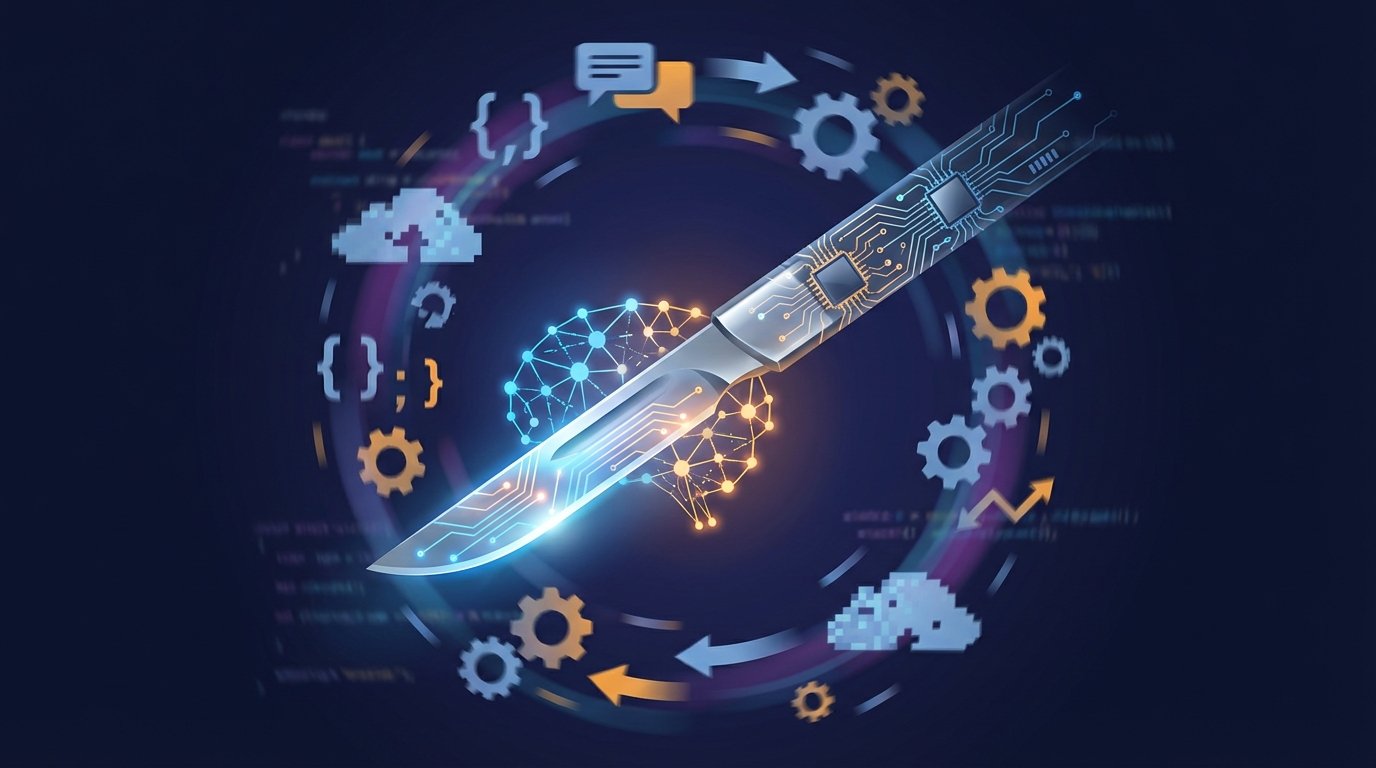 Surgical scalpel with glowing circuit board patterns and neural network nodes, symbolizing precision AI-native workflows versus scattered tool sprawl