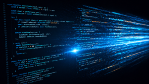 AI code generation visualized as lines of code streaming from a bright cyan light source and accelerating into light trails on a dark background