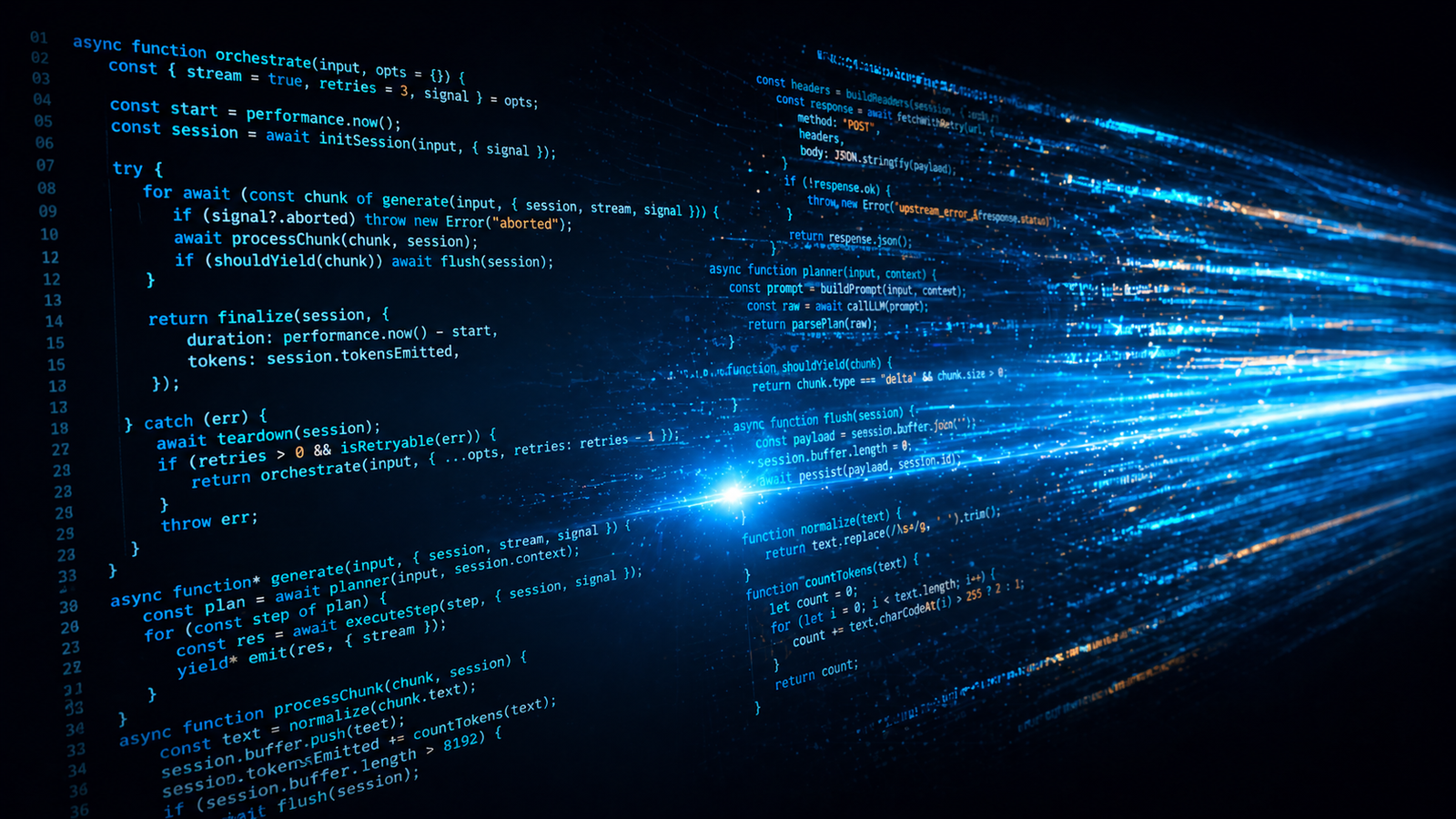 AI code generation visualized as lines of code streaming from a bright cyan light source and accelerating into light trails on a dark background