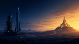 Off-the-shelf Claude plug-ins visualized as a generic launch pad in the foreground with a unique custom destination beacon on the distant horizon, illustrating that off-the-shelf is the starting point not the goal of an AI-native workflow