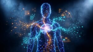 AI in hiring visualized as a glowing neural-network silhouette in amber and cyan against a dark background