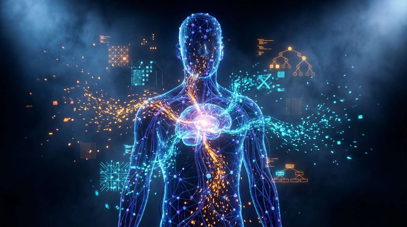 AI in hiring visualized as a glowing neural-network silhouette in amber and cyan against a dark background