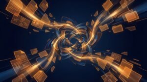 Scattered organizational knowledge AI agents depend on, visualized as document fragments swirling in disarray against a dark background