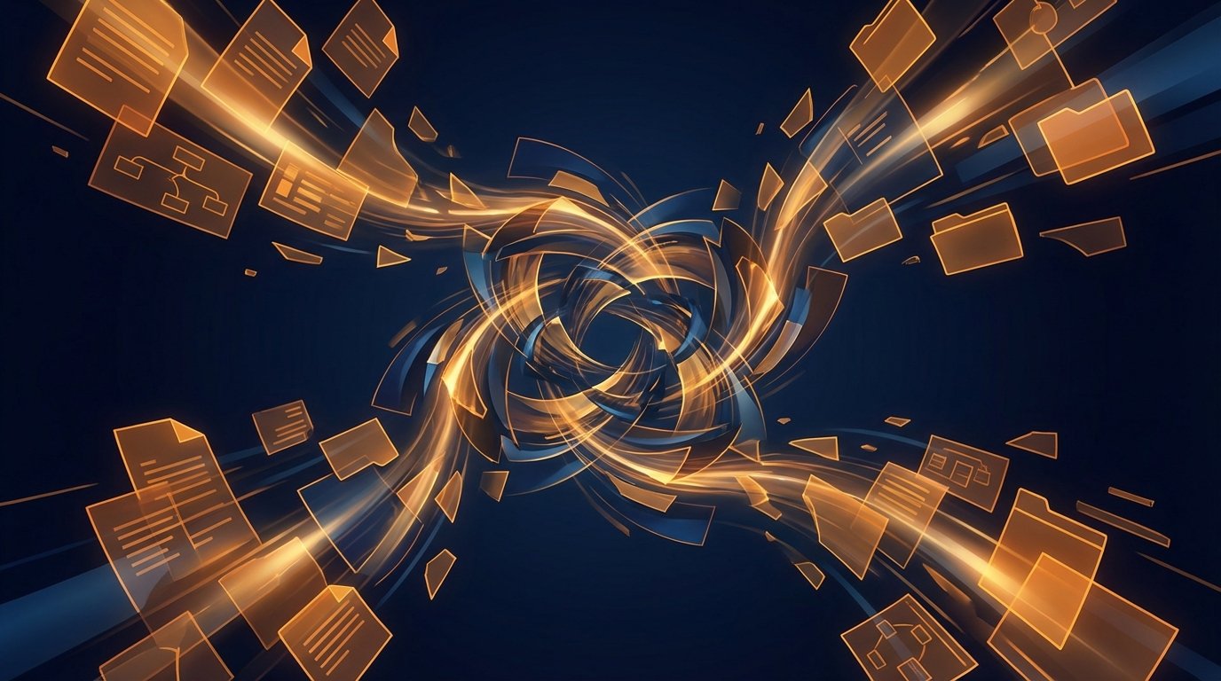 Scattered organizational knowledge AI agents depend on, visualized as document fragments swirling in disarray against a dark background