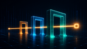 Three luminous pillars on a dark editorial background representing the three commitments of responsible AI adoption: individual training, team workflows, and encoded guardrails