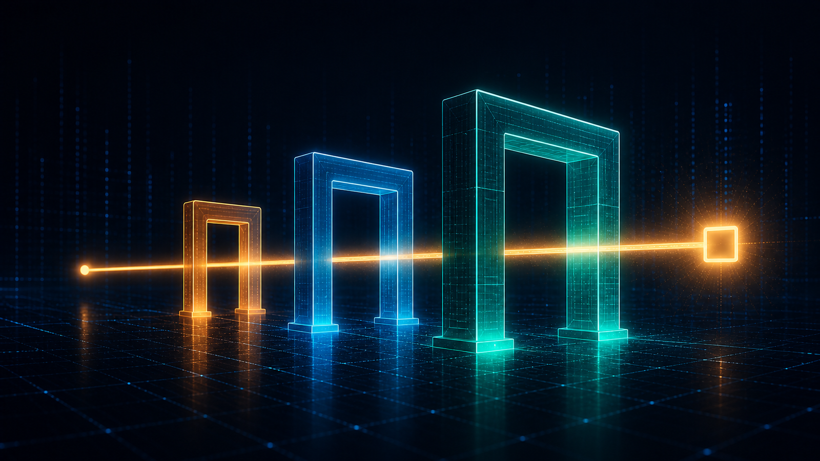 Three luminous pillars on a dark editorial background representing the three commitments of responsible AI adoption: individual training, team workflows, and encoded guardrails