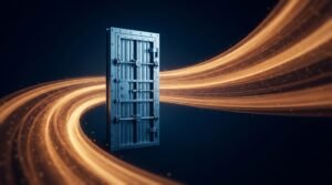 AI governance illustrated as a heavily fortified door standing alone with no wall, while streams of light flow freely around it.